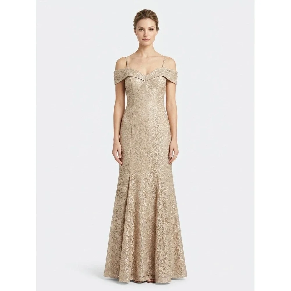 R&M Richards Gold Lace Off Shoulder Mermaid Gown Old Money Quiet Luxury Sz 8 NWT